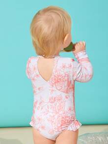 Baby Girl Floral Frill Trim One Piece Swimsuit - Multicolor - View 2