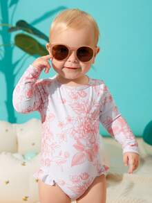 Baby Girl Floral Frill Trim One Piece Swimsuit - Multicolor - View 4