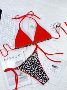 Conjunto de bikini de triángulo micro con ribete de contraste de estampado de leopardo, para vacaciones de verano en la playa - Rojo - Ver 2