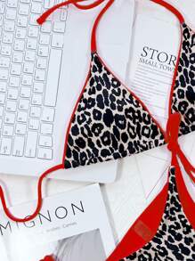 Conjunto de bikini de triángulo micro con ribete de contraste de estampado de leopardo, para vacaciones de verano en la playa - Rojo - Ver 3