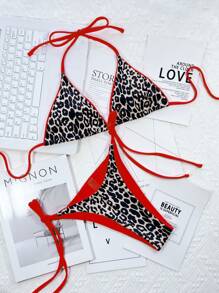 Conjunto de bikini de triángulo micro con ribete de contraste de estampado de leopardo, para vacaciones de verano en la playa - Rojo - Ver 4