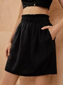 SHEIN Unity Váy nữ viền lá sen Túi Quần paper-bag màu trơn Giải trí - màu đen - Xem 1