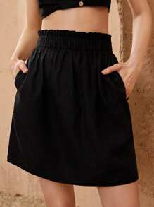 SHEIN Unity Váy nữ viền lá sen Túi Quần paper-bag màu trơn Giải trí - màu đen - Xem 3