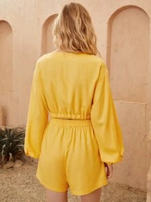 SHEIN VCAY Knot Front Lantern Sleeve Drawstring Hem Blouse - Yellow - View 2