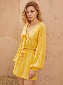 SHEIN VCAY Knot Front Lantern Sleeve Drawstring Hem Blouse - Yellow - View 3