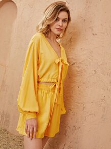 SHEIN VCAY Knot Front Lantern Sleeve Drawstring Hem Blouse - Yellow - View 4