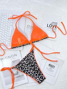 Bikini de triángulo micro con bastilla de contraste de estampado de leopardo, para el verano y las vacaciones en la playa - Naranja - Ver 2