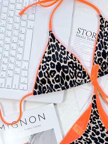 Bikini de triángulo micro con bastilla de contraste de estampado de leopardo, para el verano y las vacaciones en la playa - Naranja - Ver 3