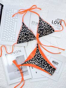 Bikini de triángulo micro con bastilla de contraste de estampado de leopardo, para el verano y las vacaciones en la playa - Naranja - Ver 4