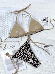 Conjunto de bikini triangular micro con ribete de contraste de estampado de leopardo, para vacaciones de verano en la playa - Verde Lima - Ver 2