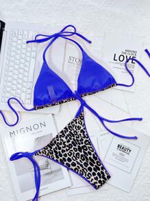 Leopard Print Contrast Binding Micro Triangle Bikini Set, For Summer Beach Vacation - Royal Blue - View 2