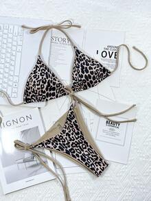 Conjunto de bikini triangular micro con ribete de contraste de estampado de leopardo, para vacaciones de verano en la playa - Verde Lima - Ver 4