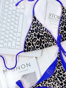 Leopard Print Contrast Binding Micro Triangle Bikini Set, For Summer Beach Vacation - Royal Blue - View 3