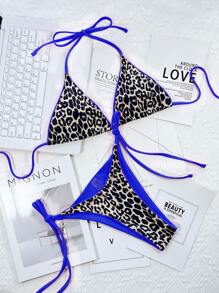 Leopard Print Contrast Binding Micro Triangle Bikini Set, For Summer Beach Vacation - Royal Blue - View 4