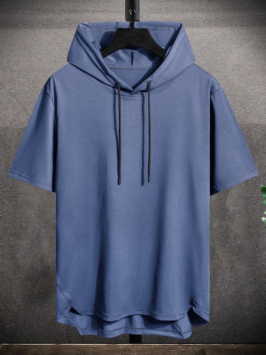 Manfinity Hypemode Hombres Camiseta con cordón con capucha bajo irregular - Neblina azul - Ver 1