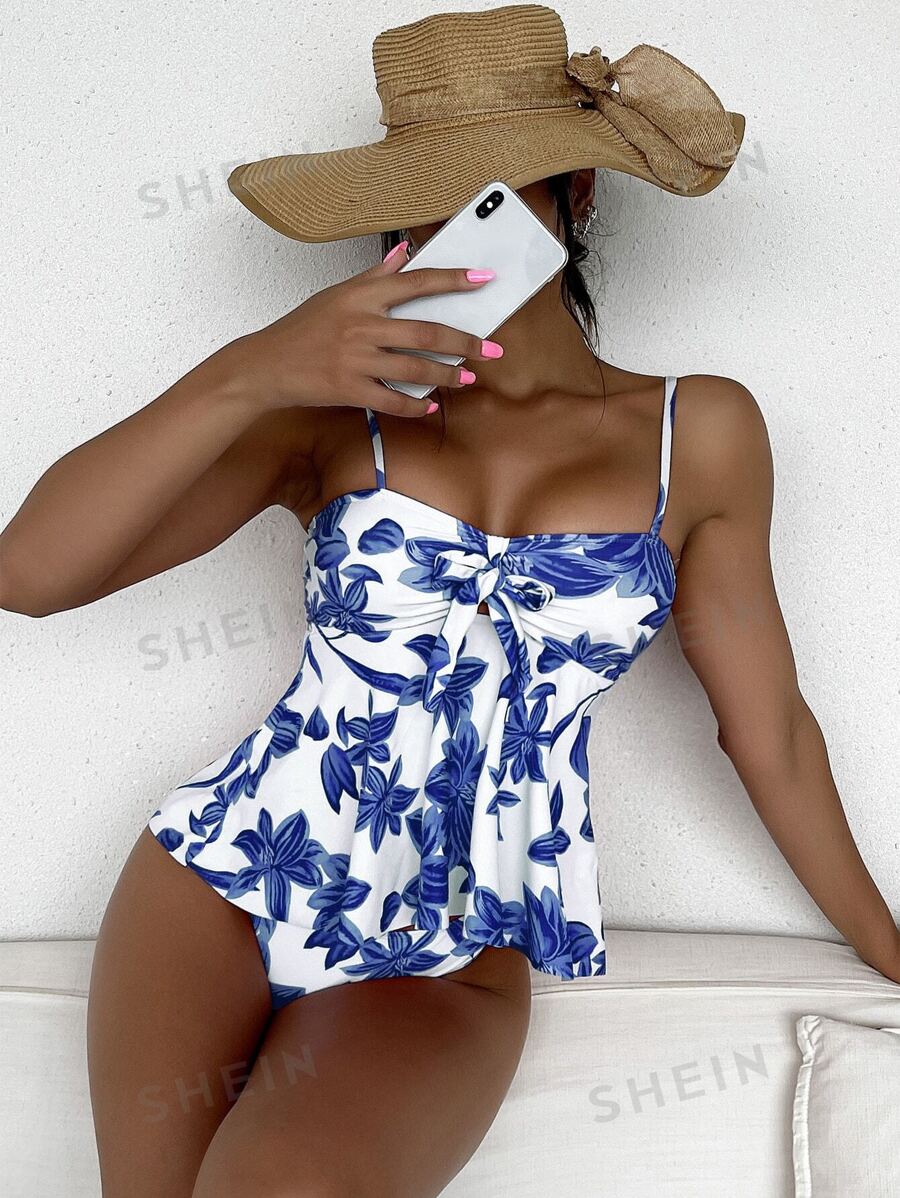 SHEIN Swim Tankini de playa de verano con estampado floral y nudo delantero