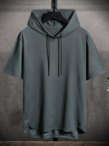 Manfinity Hypemode 男士抽繩連帽高低下擺T恤 - 深灰色 - 查看 1