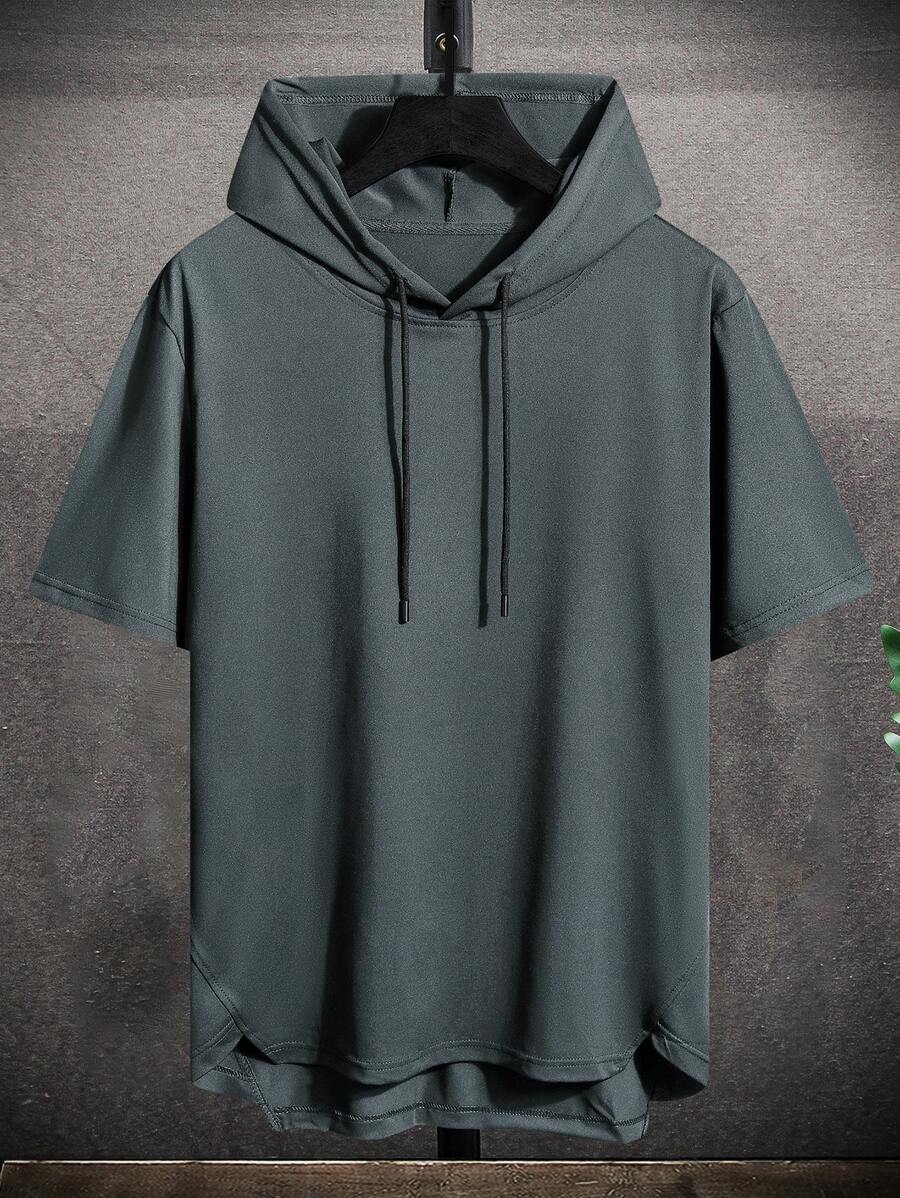 Manfinity Hypemode 男士抽繩連帽高低下擺T恤 - 深灰色 - 查看 1