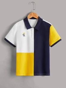 SHEIN Boys Letter & Crown Embroidery Colour Block Polo Shirt - Multicolor - View 1