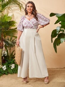 SHEIN 大碼拼接細節闊腿褲 - 米色 - 查看 1