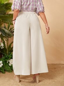 SHEIN 大碼拼接細節闊腿褲 - 米色 - 查看 2