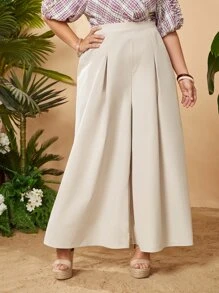 SHEIN 大碼拼接細節闊腿褲 - 米色 - 查看 3