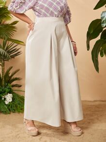 SHEIN 大碼拼接細節闊腿褲 - 米色 - 查看 4