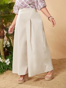 SHEIN 大碼拼接細節闊腿褲 - 米色 - 查看 5