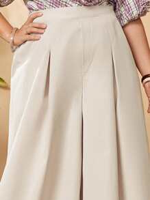 SHEIN 大碼拼接細節闊腿褲 - 米色 - 查看 6