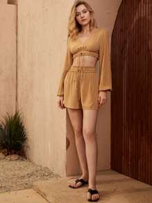 SHEIN VCAY Bộ đồ hai mảnh nữ Dây kéo viền lá sen Quần paper-bag màu trơn Boho - màu nâu - Xem 3