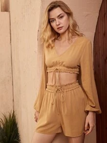 SHEIN VCAY Bộ đồ hai mảnh nữ Dây kéo viền lá sen Quần paper-bag màu trơn Boho - màu nâu - Xem 4