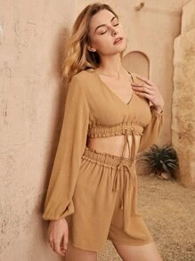 SHEIN VCAY Bộ đồ hai mảnh nữ Dây kéo viền lá sen Quần paper-bag màu trơn Boho - màu nâu - Xem 5