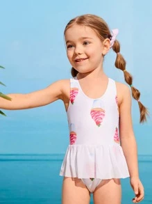 小女童卡通紙杯蛋糕網紗拼接連體泳衣 - 白色 - 查看 1