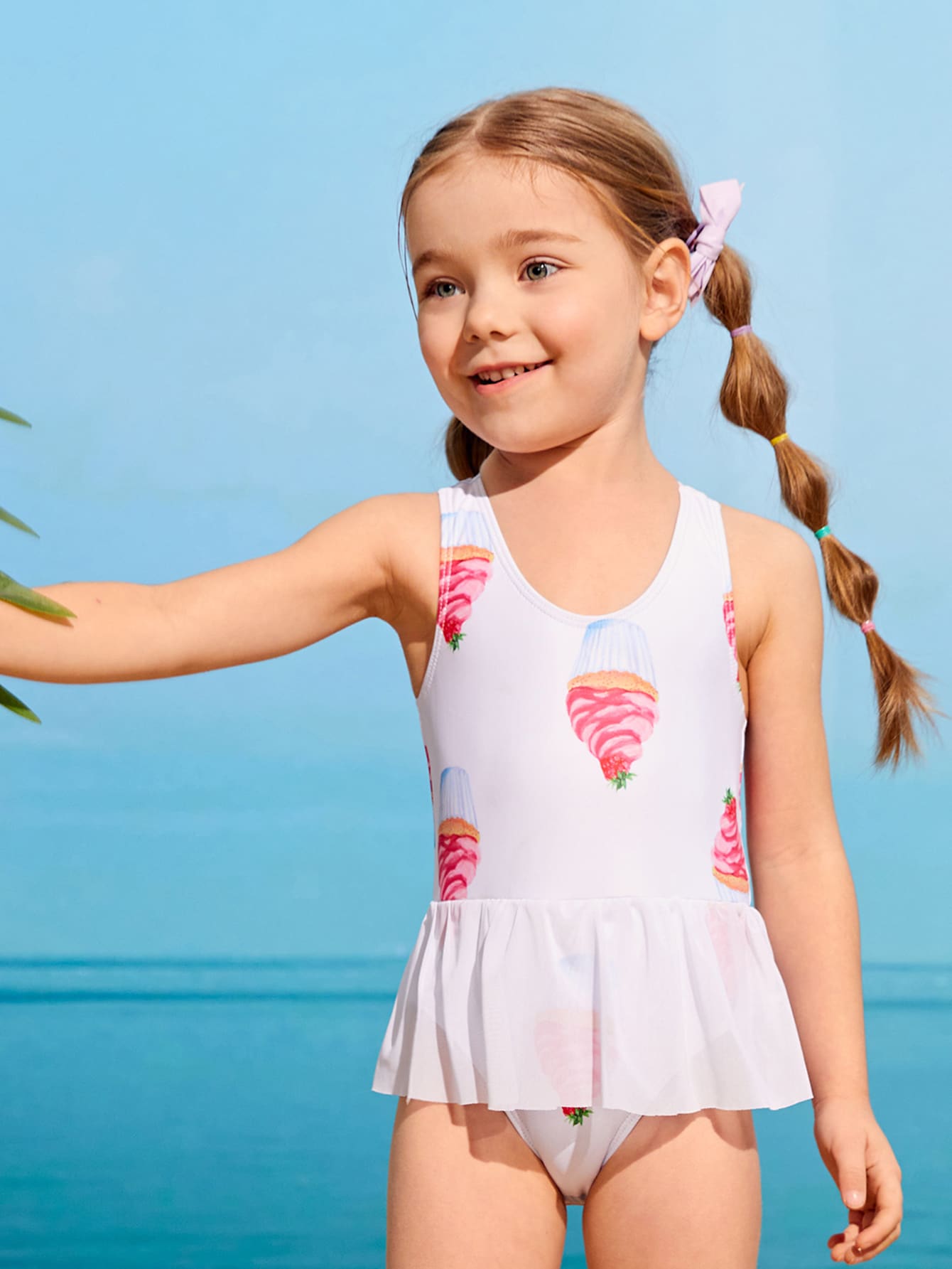 小女童卡通紙杯蛋糕網紗拼接連體泳衣 - 白色 - 查看 1