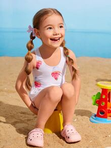 小女童卡通紙杯蛋糕網紗拼接連體泳衣 - 白色 - 查看 4