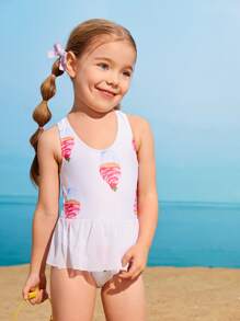 小女童卡通紙杯蛋糕網紗拼接連體泳衣 - 白色 - 查看 5