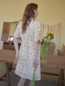 Simple Retro Floral Print Puff Sleeve Tie Back Dress - Multicolor - View 2