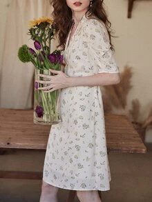 Simple Retro Floral Print Puff Sleeve Tie Back Dress - Multicolor - View 4