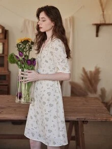 Simple Retro Floral Print Puff Sleeve Tie Back Dress - Multicolor - View 6