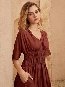 SHEIN 素色打褶蝙蝠袖洋裝 - 鏽棕色 - 查看 3