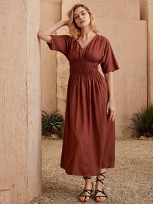 SHEIN 素色打褶蝙蝠袖洋裝 - 鏽棕色 - 查看 4