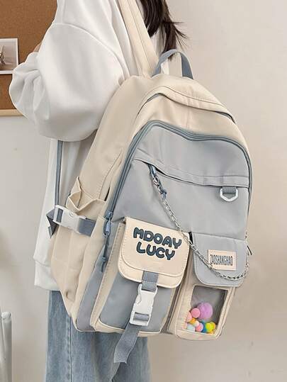 ZAOSHANGHAO Mochila impermeable, de gran capacidad, ligera y portátil con bloque de color y decoración de cadena para adolescentes, mujeres y estudiantes universitarios, perfecta para la vuelta al colegio