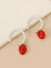 人造珍珠裝飾草莓耳墜 - 紅色 - 查看 1