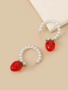 人造珍珠裝飾草莓耳墜 - 紅色 - 查看 2