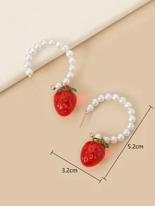 人造珍珠裝飾草莓耳墜 - 紅色 - 查看 3