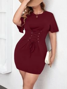 SHEIN Unity Đầm Plus Size Ren lên Thùa khuyết màu trơn Giải trí - Màu Đỏ Sâu - Xem 1