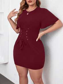 SHEIN Unity Đầm Plus Size Ren lên Thùa khuyết màu trơn Giải trí - Màu Đỏ Sâu - Xem 4