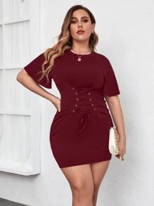 SHEIN Unity Đầm Plus Size Ren lên Thùa khuyết màu trơn Giải trí - Màu Đỏ Sâu - Xem 5