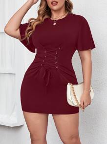 SHEIN Unity Đầm Plus Size Ren lên Thùa khuyết màu trơn Giải trí - Màu Đỏ Sâu - Xem 6