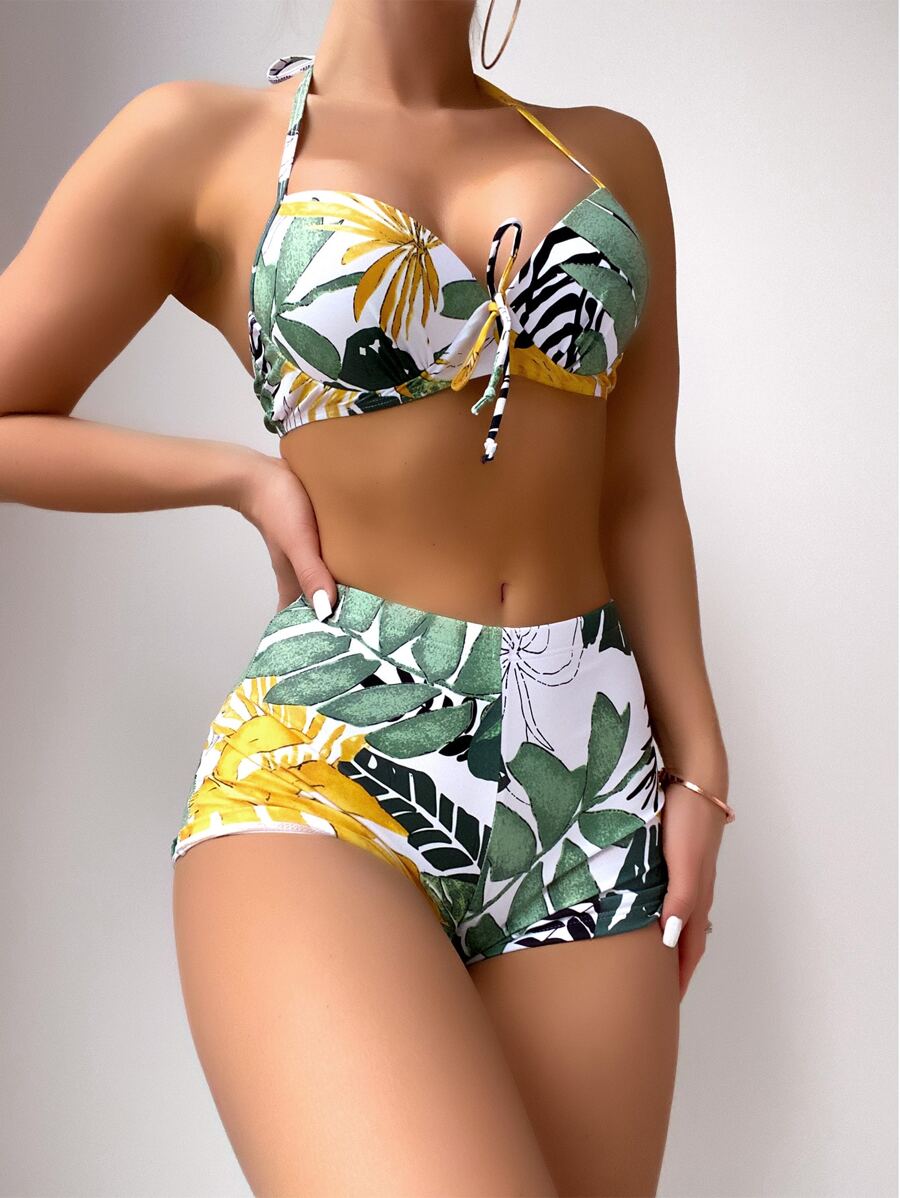 Tropical Print Tie Front Push Up Bikini - Multicolor - View 1